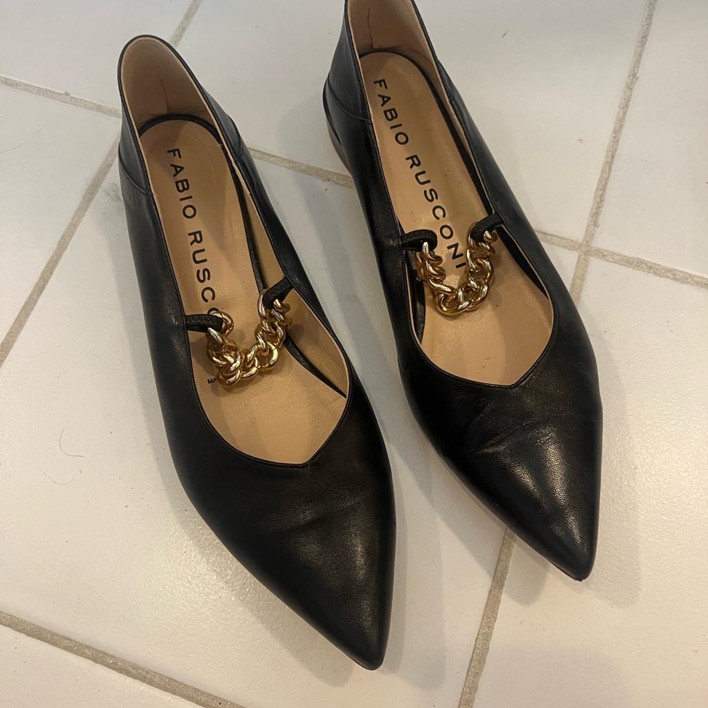 Black Leather Flats With Gold Chain